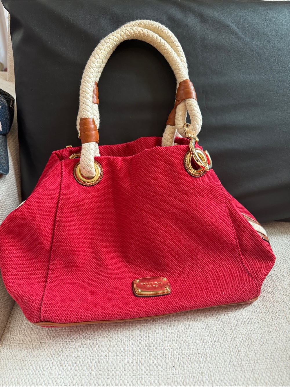 Michael Kors Red Canvas Tote with Cream Rope Handles and Tan Trim